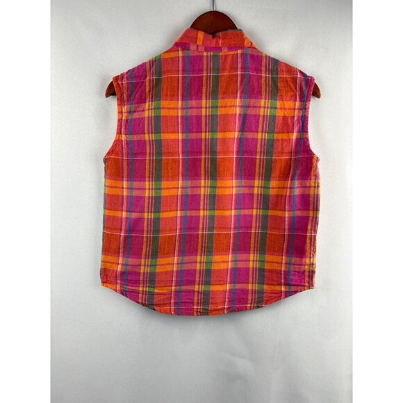 Basic Essentials Womens Sleeveless Button-Up Plaid Shirt Size S 100% Cotton Vibr - Picture 4 of 4